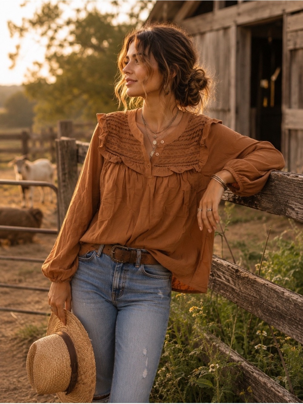 Umgee Rust Brown Ruffle Yoke Long Sleeve Top